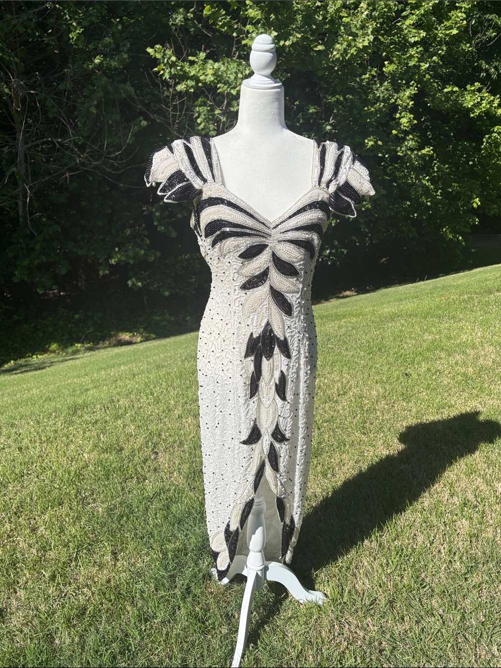 Vintage 1990 Silk white & Black Beaded Formal Dress “King Ralph” Movie Inspired